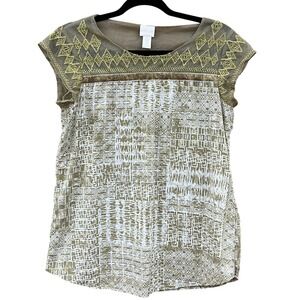 Chico's Women's Size S Embellished Mesh Tribal Geo Top Boho Festival Office Chic